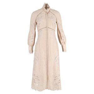 Zimmermann Super Eight Embroidered Midi Long Sleeve Dress in Beige Linen